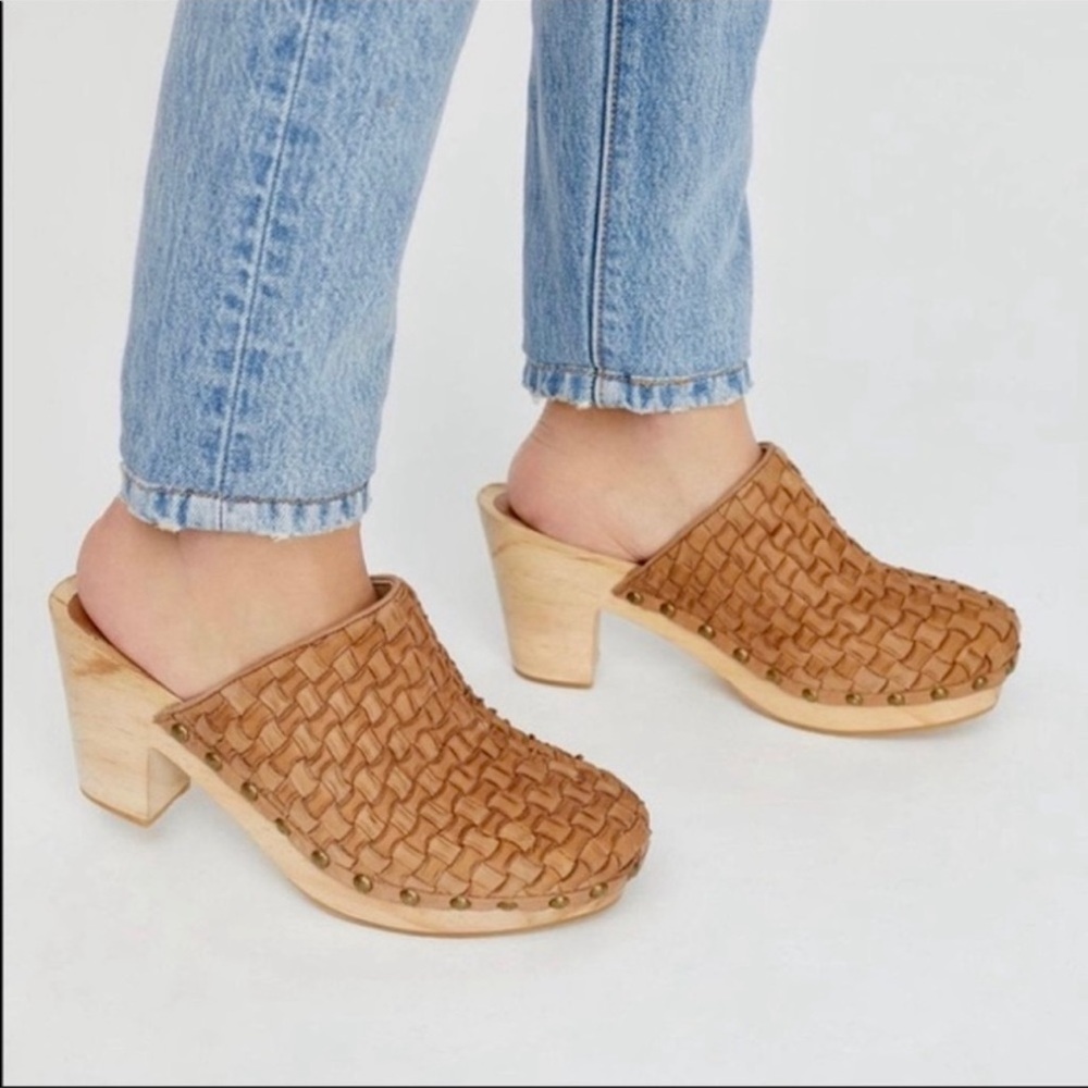 Free People Adelaide Woven Leather Studded Clogs 38